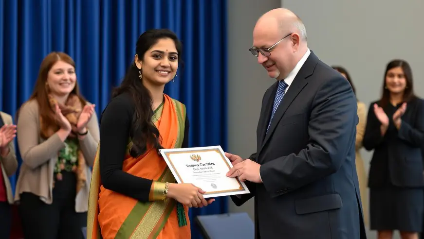 Indian student receiving a scholarship certificate at a Russian University